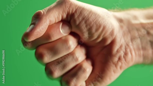 Male hand slowly clenches into a tight fist on green screen background.