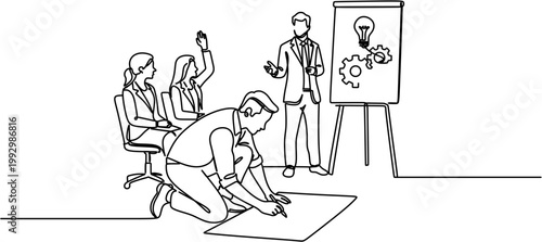 Continuous line drawing of business team having a presentation with flipchart.