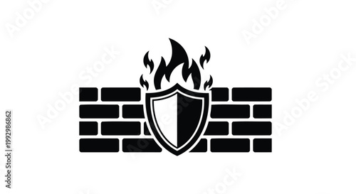Firewall protection, security shield, brick wall, flame barrier, safety icons