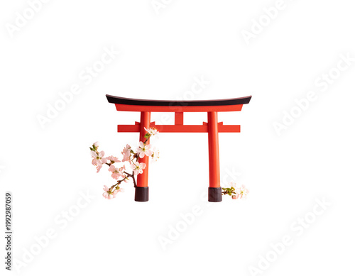 The illustration shows a red wooden torii gate of a Japanese temple.