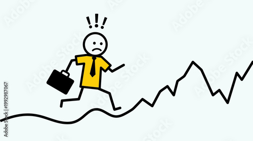 Worried Businessman Running Uphill on a Rising Financial Graph