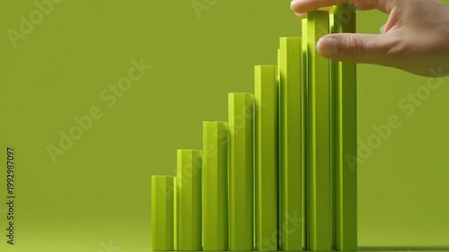 Hand Placing Block on Growing Bar Graph Symbolizing Business Success and Financial Progress.