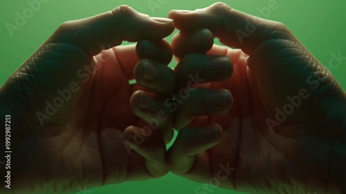 Human hands making various gestures against a vibrant green background.