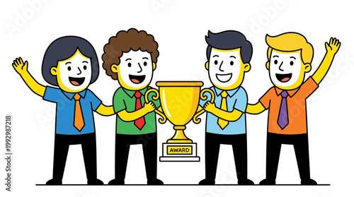 Collective achievement Joyful team celebrating their win with a prestigious golden trophy
