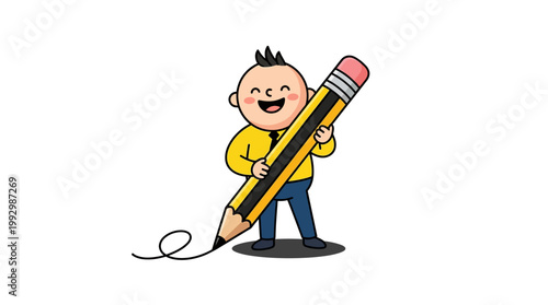 Happy cartoon character holding a big pencil, drawing on a white background, symbolizing creativity and learning