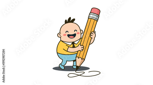 Happy Child Drawing with Large Pencil - Creative Fun Illustration
