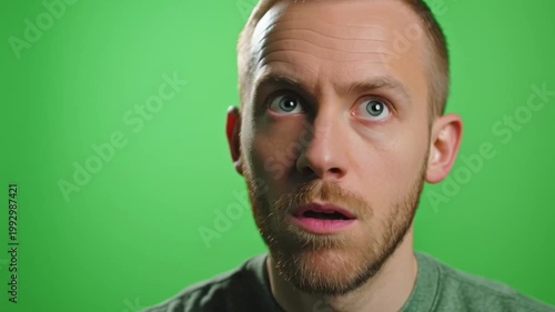 Young man with beard talking and reacting with surprise on a green screen background.