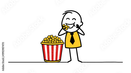 Cheerful stick figure enjoying a big bucket of popcorn, a classic snack for fun