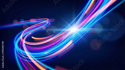 Obraz na plátně Dynamic abstract light trails forming energetic curves with a bright central glow, symbolizing modern technology