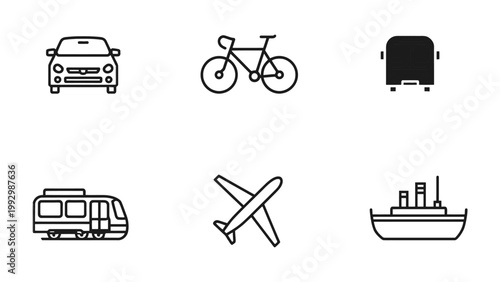 Transportation Icons: A collection of simple, black and white icons representing various modes of transport, including car, bicycle, bus, train, airplane, and ship.