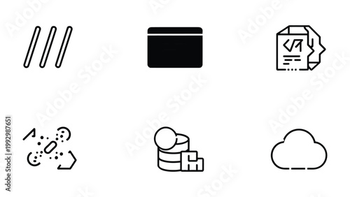 Tech Icons and Digital Concepts: Minimalist icons depicting technology, digital elements, and the evolving landscape of innovation. Illustrating coding, data, and cloud computing. 