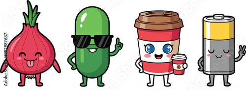 Cute food and drink cartoon characters set including onion cucumber coffee cup and battery, funny mascots with smiling faces in colorful vector illustration