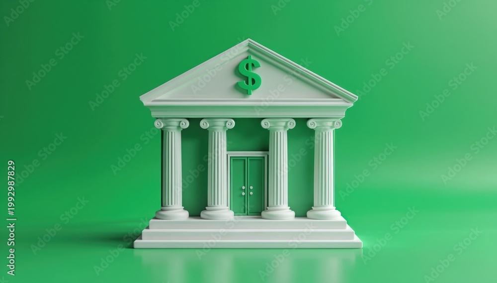 Fototapeta premium Classic bank building facade with columns and dollar symbol on green background. Represents finance, money, and wealth. Suitable for business and economic themes.