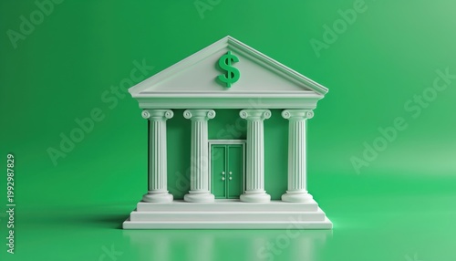 Classic bank building facade with columns and dollar symbol on green background. Represents finance, money, and wealth. Suitable for business and economic themes.