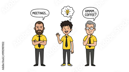 Businessmen discussing ideas with a lightbulb and coffee thought bubbles