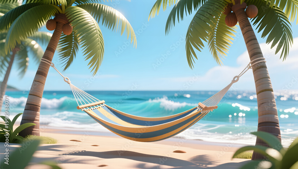 Fototapeta premium Beach hammock under coconut trees for summer relaxation