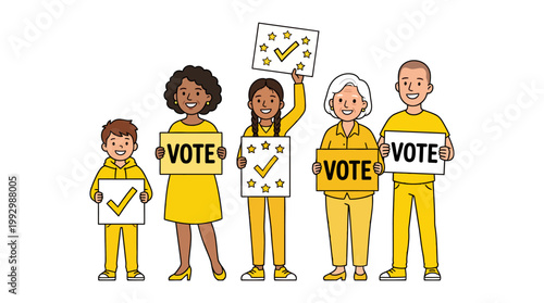Diverse Group of People Holding Signs and Checkmarks Symbolizing Voting