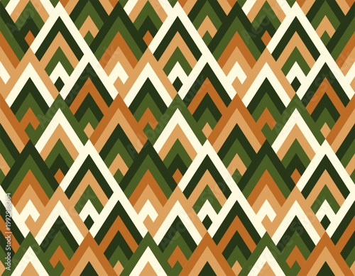 Retro 70s Mid-Century Geometric Seamless Pattern: Abstract Overlapping Chevron and Diamond Shapes in Earthy Forest Green, Terracotta and Ochre for Modern Interior Decor