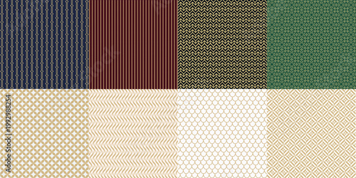 Luxury Art Deco Geometric Seamless Pattern Collection: 8 Premium Golden Ornaments on Dark Navy, Burgundy and Emerald Backgrounds for High-End Branding and Packaging
