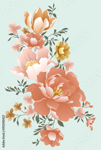 Elegant Peony and Tulip Floral Bouquet: Modern Botanical Illustration in Terracotta, Peach and Gold Tones for Wedding Invitations, Greeting Cards and Luxury Packaging