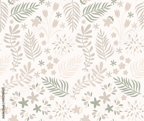 Minimalist Boho Nursery Botanical Seamless Pattern: Hand-Drawn Muted Sage and Beige Leaves with Wildflowers for Baby Textiles, Wallpaper and Organic Branding