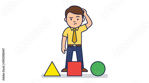 Man Confused About Choosing Between Triangle, Square, and Circle Shapes