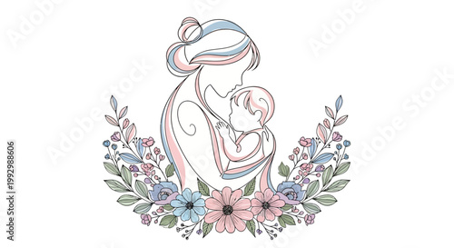 A delicate line art illustration depicts a mother tenderly holding her baby, surrounded by a floral wreath of pastel-colored flowers, rendered in a minimalist style against a clean white