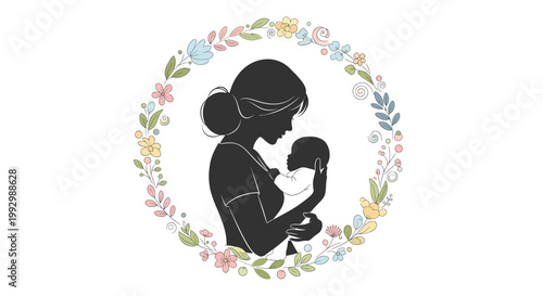 Silhouette illustration of a mother tenderly holding her newborn baby, framed by a delicate wreath of pastel flowers against a white background, creating a heartwarming and gentle mood