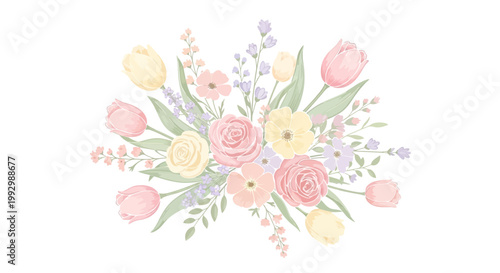 Watercolor illustration showcases a delicate floral arrangement featuring roses, tulips, and forget-me-nots in pastel shades, presented against a stark white backdrop, creating a soft