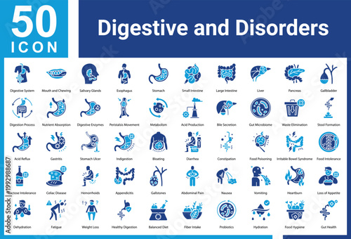 Digestive And Disorders icon set and collection