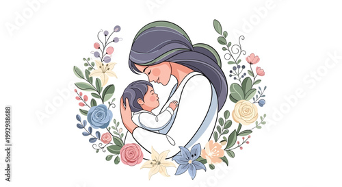 Stylized illustration of a mother tenderly holding her baby, surrounded by a delicate floral wreath against a clean white background, creating a heartwarming and loving mood with soft