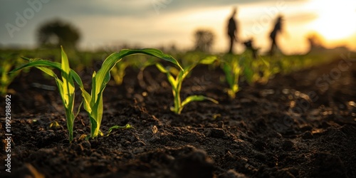 The young corn seedlings glowing in a sunlit field with silhouetted farmers walking