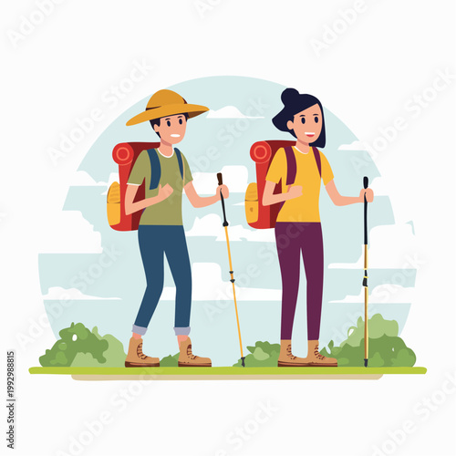 Couple Hiking with Backpacks and Trekking Poles