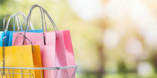 Colorful shopping bags inside a metal cart with a blurred bright background, suggesting a shopping or retail experience.