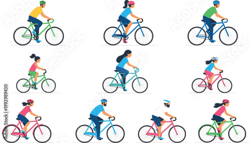Cyclists riding bicycles vector set in flat style, men and women biking characters collection for sport, fitness, urban commuting and healthy lifestyle design