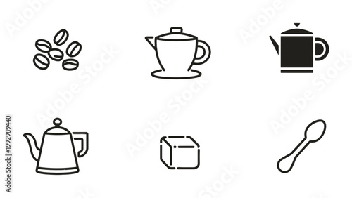 Coffee Time Essentials: Minimalist illustration of essential elements for the perfect coffee moment, showcasing the beans, sugar, and brewing tools.