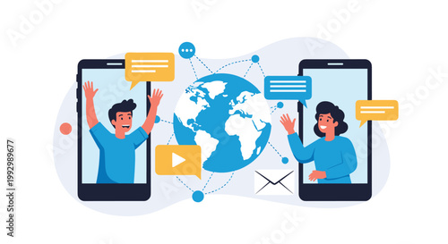 Man and woman connect via video call on mobile smartphones with a globe and communication icons between them representing global reach.