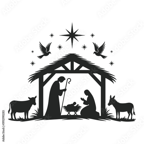 Nativity scene depicting the birth of jesus in a stable setting