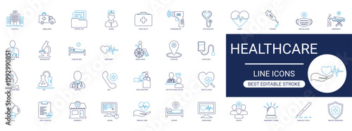 healthcare line icon set. medical, hospital, doctor, wellness, treatment, emergency, clinic, patient, medicine, nursing. minimal outline vector pack