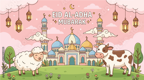 Illustration of a mosque with colorful domes and minarets surrounded by hanging lanterns, a sheep and a cow standing in front on a green lawn, celebrating Eid al-Adha Mubarak with a pink