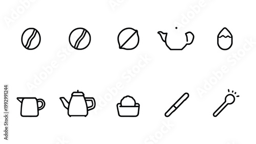Brewing Essentials Icon Set: A minimalist icon set presents the core ingredients and tools essential for the perfect cup, elegantly designed to enhance any culinary project.