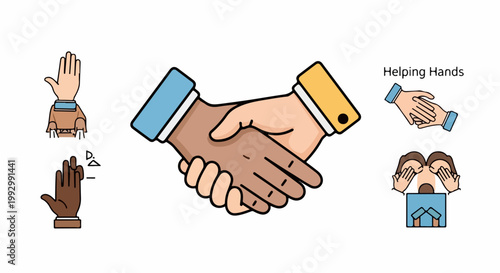 Vector handshake illustration symbolizing partnership and cooperation, with helping hands icons and diverse hands. Partnership concept vector art for business and teamwork.
