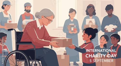 International Charity Day vector illustration showing diverse people helping elderly woman in wheelchair with boxes. Community support and giving, kindness and compassion.