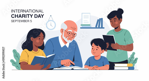 International Charity Day vector illustration showing intergenerational learning and community support. Diverse group of people sharing knowledge and books, promoting education and kindness.