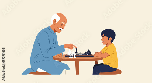 Grandfather and grandson playing chess vector illustration. Generational bonding over board game. Family leisure activity concept for educational materials.