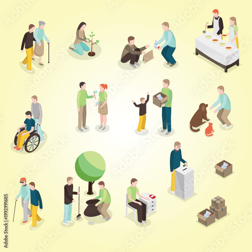 Charity action isometric flowchart friends responsibility hope welfare organizing giving back social responsibility philanthropy sustainability