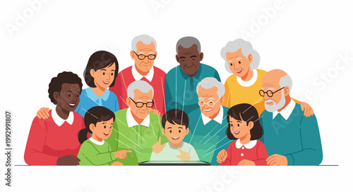 Diverse family gathering around tablet for shared digital experience vector illustration. Generations connect through technology, learning and entertainment together.