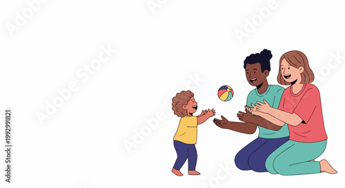 Diverse family playing ball with child, modern flat vector illustration. Happy parents and toddler enjoying playtime together, celebrating family bonding. Concept for childhood, parenting,