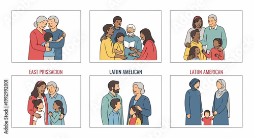 Diverse family groups vector illustration, representing different ethnicities and generations interacting warmly, concept for unity and connection.