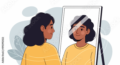 Self reflection vector illustration of woman looking in mirror, self acceptance concept for personal growth and confidence.